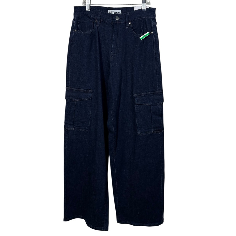 DNKY Dark Wash Denim Cargo Pocket High Rise Wide Leg Jeans NWT 27 Baggy Y2K